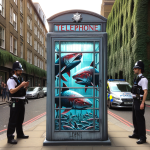 “Create a highly detailed urban scene set in central London, featuring a glass police box that has been artistically transformed to resemble a tank filled with piranhas. The piranhas should appear menacing yet stylized, capturing the unique touch of Banksy’s graffiti style. The police box is located on a busy street, with ivy-covered walls or buildings nearby. Two City of London police officers should be seen nearby, inspecting and photographing the artwork, reflecting their surprise and curiosity. The scene should convey the juxtaposition of the unexpected, playful street art against the serious urban backdrop. Additionally, the artwork should be surrounded by a small crowd, reflecting the public’s intrigue and excitement about this new installation.”